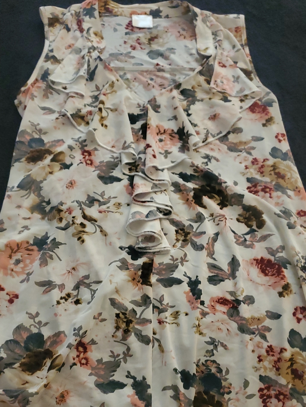 Floral Ruffle Sleeveless Blouse - Cream Base with Pink & Green Flowers